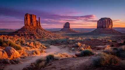 Naklejka premium Iconic mittens of Monument Valley at sunset with red sandstone formations against a colorful purple and orange sky and a road to the horizon.