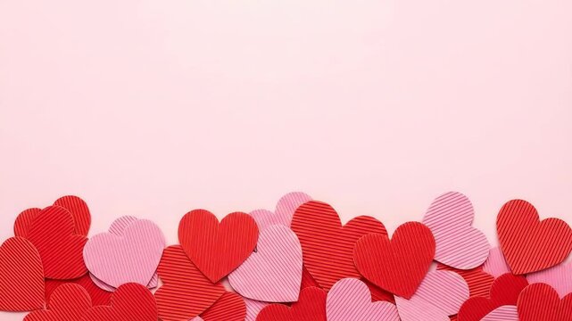 Red and pink paper hearts forming border on pastel pink background stop motion