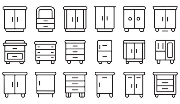 Furniture storage outline icon set with cabinets drawers and wardrobes