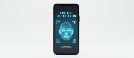 Smartphone screen showing a blue wireframe face mesh with facial detection and scanning... Text, symbolizing biometric identification and modern security technology