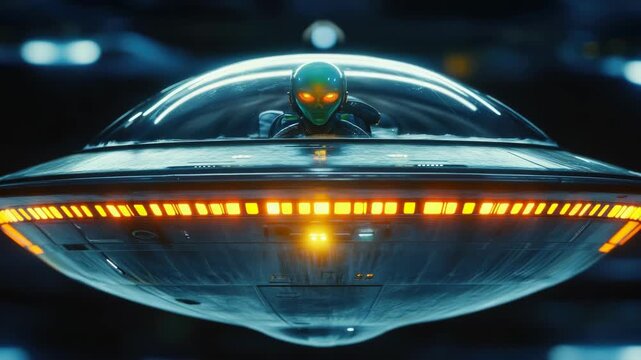 An astronaut in a futuristic suit peers out from behind the nose cone of an alien spaceship.