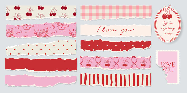 Romantic Valentine&rsquo;s Day scrapbook torn paper set. Vintage retro paper decor with wrapping paper scraps, postcards and postage stamps. Vector design template for collage, cards, invitations