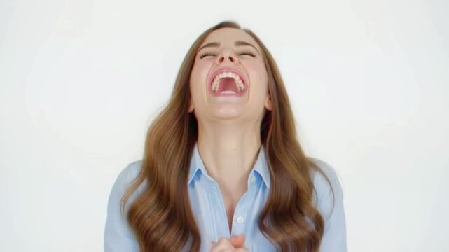 woman trying to keep a straight face, failing repeatedly and breaking into laughter. HD video