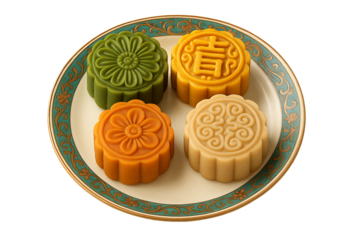 Traditional mooncakes dessert assortment on plate isolated on transparent background