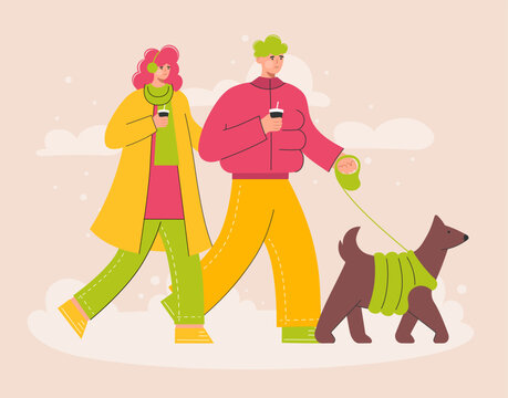 Happy couple walking with dog in cold winter park. Walk Your Dog Month.  Outdoor activity with pet.
Trendy vector illustration in flat style.