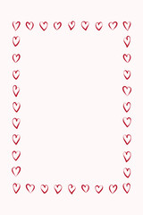 Vertical frame with hand drawn ink hearts and copy space. Modern template for decoration of card, poster, invitation, cover and other designs. Flat vector illustration in sketch style