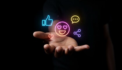 Human hand presenting a collection of vibrant neon social media icons, illustrating digital communication, online engagement, connection, and global networking