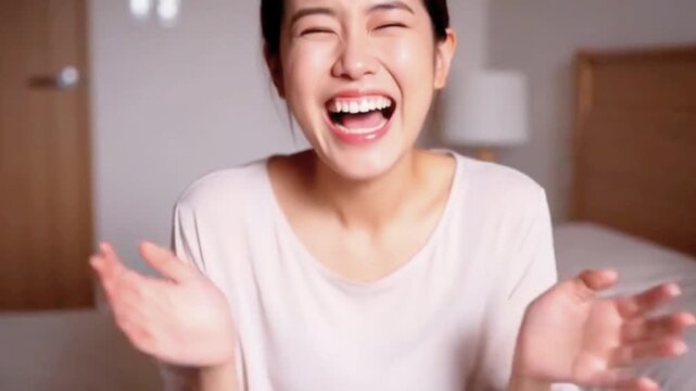 woman trying to keep a straight face, failing repeatedly and breaking into laughter. HD video
