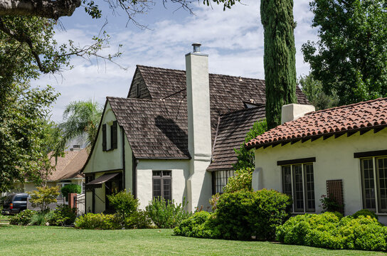 California, America, Pasadena, Tudor-style residential building with front lawns