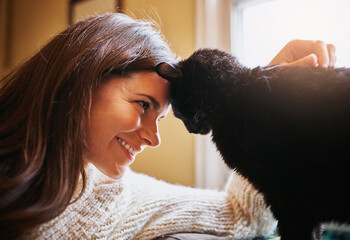 Woman, cat and forehead touch for connection in home, scratch and support animal or companion on sofa. Female person, relax and calm in living room to stroke pet, trust and affection or loyalty