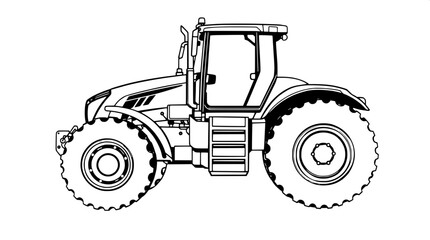 Monochrome heavy farm tractor silhouette in side profile view, rendered as thick black line art with minimal shading, presented as a professional vector illustration, isolated on a clean white backgro