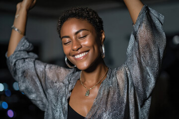 A vibrant young woman joyfully celebrates, showcasing pure happiness and self-confidence, surrounded by a lively and energetic atmosphere filled with art.