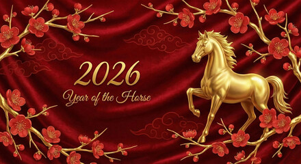 Happy Chinese New Year 2026 Year of the Horse Festive Background with Golden Stallion Statue, Red Silk Drapery and Blooming Plum Blossoms