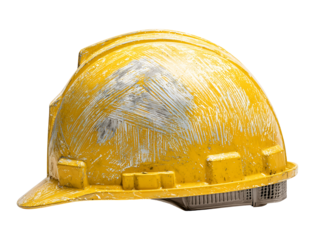 Worn yellow construction helmet side view isolated on transparent background, PNG