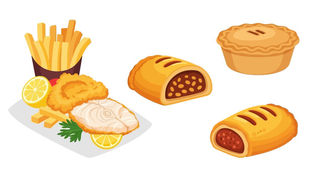 British Takeaway Classics - Fish and Chips, Sausage Rolls, and Pie.