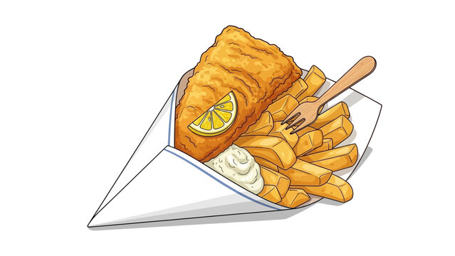 Classic Fish and Chips Illustration with Lemon and Fork.