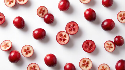 Scattered cranberries and sliced cranberries are arranged on a white surface creating a repetitive pattern of red and pink shapes