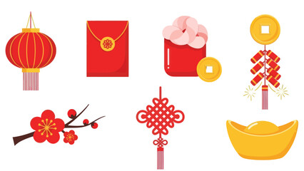 Chinese New Year Symbols Collection: Lantern, Red Envelope, Coins, Firecrackers, Blossom, Knot