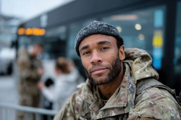 A reflective man dressed in camouflage attire sits at a bustling transport hub, capturing moments of contemplation while waiting, symbolizing strength and resilience.