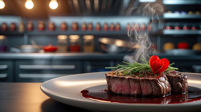 Gourmet Valentine's Day Steak with Red Wine Sauce and Rosemary Garnish in Luxury Restaurant Kitchen