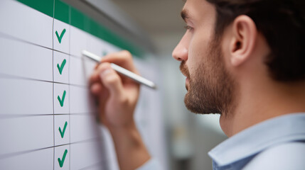 Project management board showing completed tasks with green check marks in office, finished assignments display, accomplished goals visualization, task completion tracking, with co