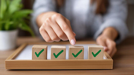 Project management board showing completed tasks with green check marks in office, finished assignments display, accomplished goals visualization, task completion tracking, with co