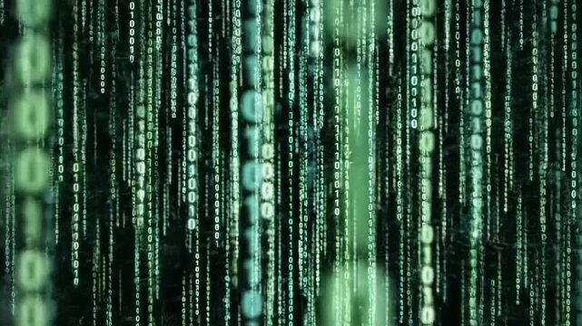 Binary Code Streaming Down Computer Screen.