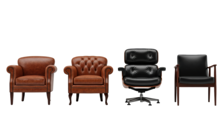 four distinct executive armchairs (two brown tufted club style, two black modern) in a straight row on a transparent studio background, polished wood and leather textures, symbolizing professional