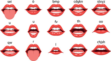 Mouth phoneme pronunciation vector illustration showing lips and tongue positions for speech therapy, phonetics education and language learning in flat cartoon style isolated on white background © Yevhenii creative
