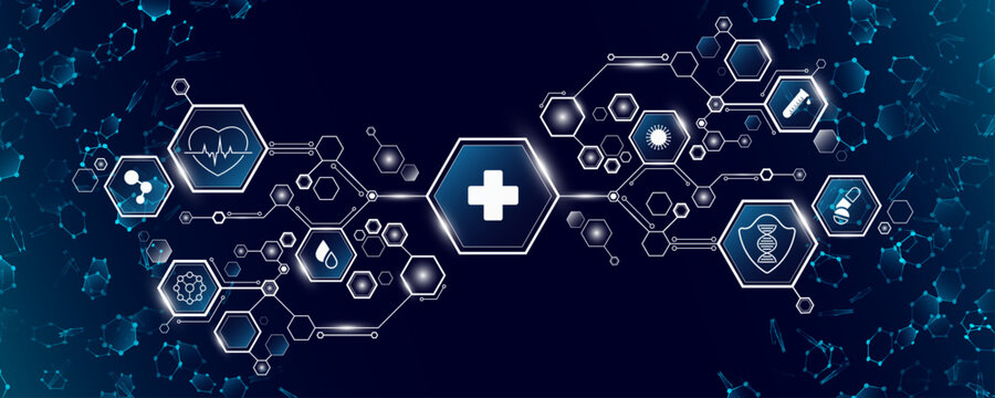 Medical hexagonal diagram featuring interconnected hexagons with white healthcare icons. Digital healthcare background with molecular hexagons for medicine or scientific presentation. Vector.