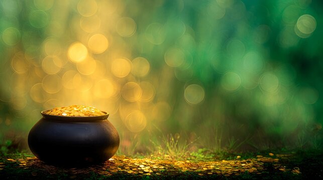 Pot of gold glowing in green forest bokeh background, St. Patrick&rsquo;s day luck concept, magical gold coins, festive irish holiday scene with copy space
