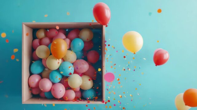 A box filled with assorted colorful balloons on a blue background, ready to be blown up.