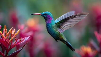 A hummingbird hovering near a bright tropical flower, wings frozen in motion, soft blurred background, wildlife