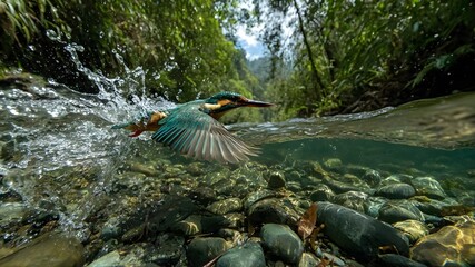A kingfisher diving into a clear river, water splash frozen mid-air, lush green riverbank, natural daylight, ultra-sharp wildlife photography