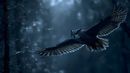 A nocturnal owl flying silently through a dark forest, glowing eyes, moonlight filtering through trees, dramatic low-light wildlife photography