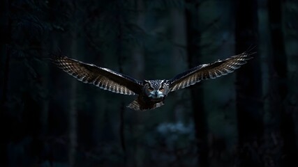 A nocturnal owl flying silently through a dark forest, moonlight filtering through trees, dramatic low-light wildlife photography