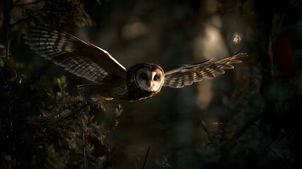 A nocturnal owl flying silently through a forest, light filtering through trees, dramatic low-light wildlife photography