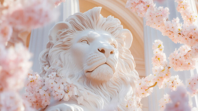 Library lion statue, palette of blush pink, mint green, and pearl white, cheerful seasonal architectural artwork
