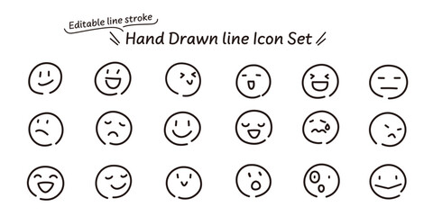 Editable line vector illustration. Set of monochrome icons of hand-drawn faces with various expressions