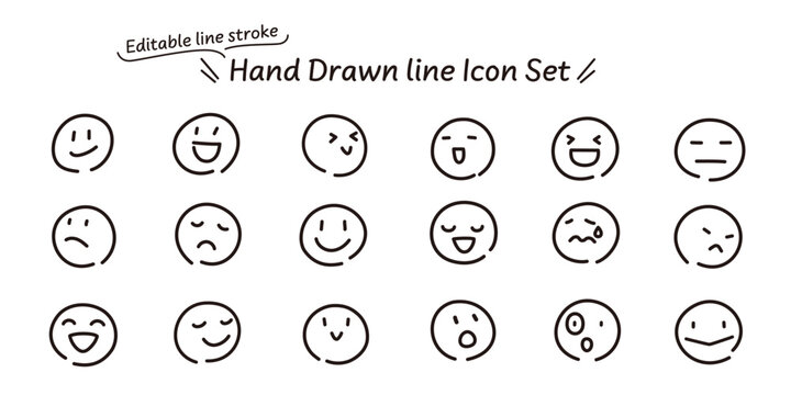 Editable line vector illustration. Set of monochrome icons of hand-drawn faces with various expressions