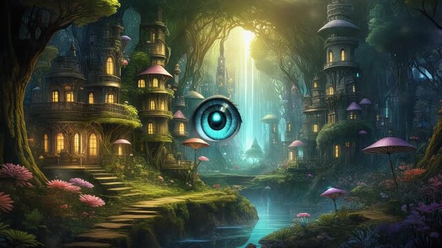 Eye reflecting a magical forest city landscape, An eye reflecting a vibrant magical forest