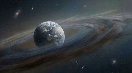 Planet Earth enveloped in a mysterious swirling cosmic nebula, with a backdrop of twinkling stars and distant galaxies, an artistic vision of the vast universe