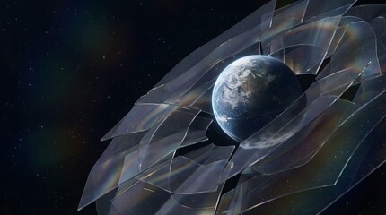 A fictional ringed planet orbiting a star in a galaxy