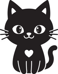 Cute black cat with big eyes and a white heart on its chest illustration isolated on white background