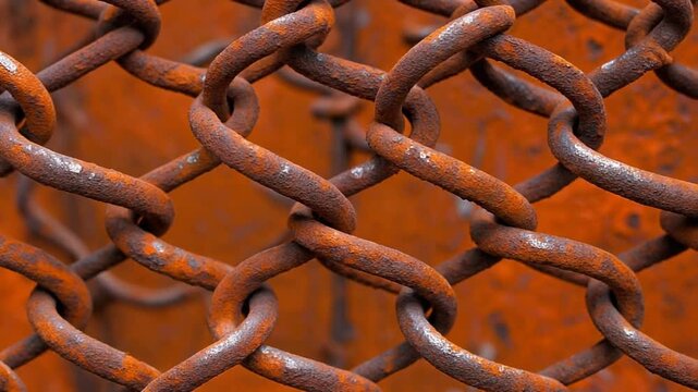 Close Up of Rusty Orange Metal Chainmail Texture, Close-up view of rusty orange metal chainm.