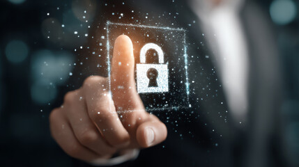 A businessman interacts with a digital lock, showcasing security technology and modern data protection methods.