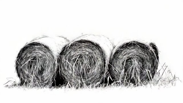 Three bundles of hay are stacked on top of each other. The hay is brown and white