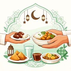 Ramadan Iftar Meal Sharing with Dates and Traditional Food Illustration