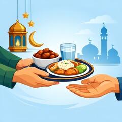 Sharing Iftar Meal During Ramadan with Dates and Water &ndash; Flat Vector Illustration