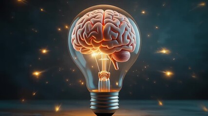 Creative visualization of a brain embedded in a radiant light bulb, A brain is creatively